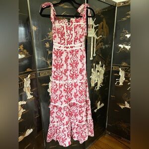 EUC CHAKERIS CHARLESTON Red White Floral Maxi Dress Smocked Sundress Nap Dress